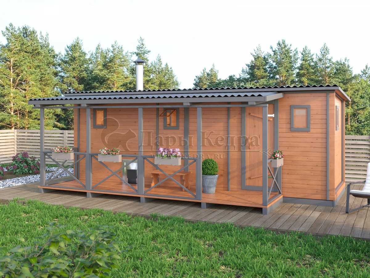 Каркасно-щитовая баня из кедра «Мега» с верандой